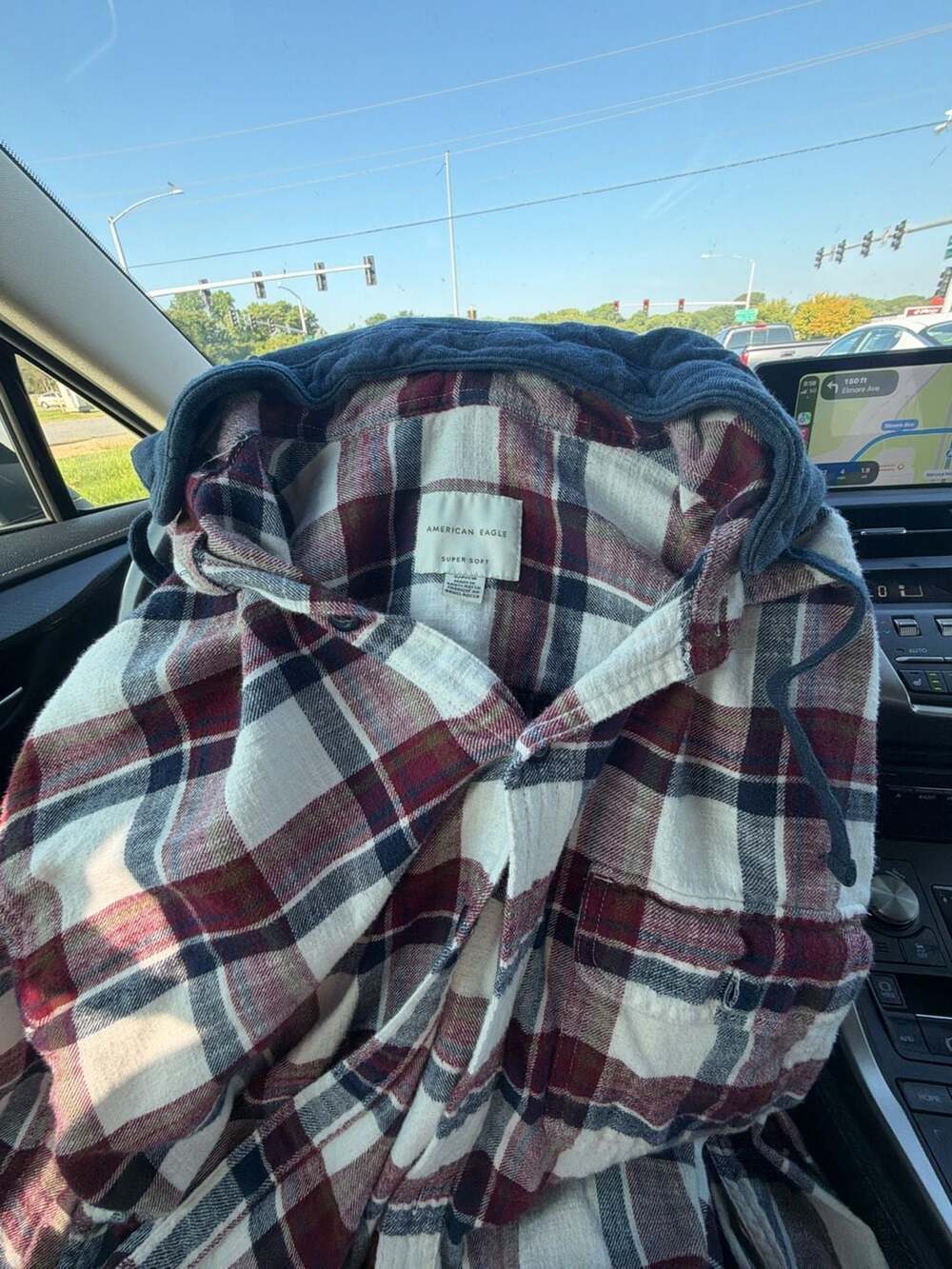 American Eagle Super Soft Hooded Plaid Flannel Shirt Maroon Blue